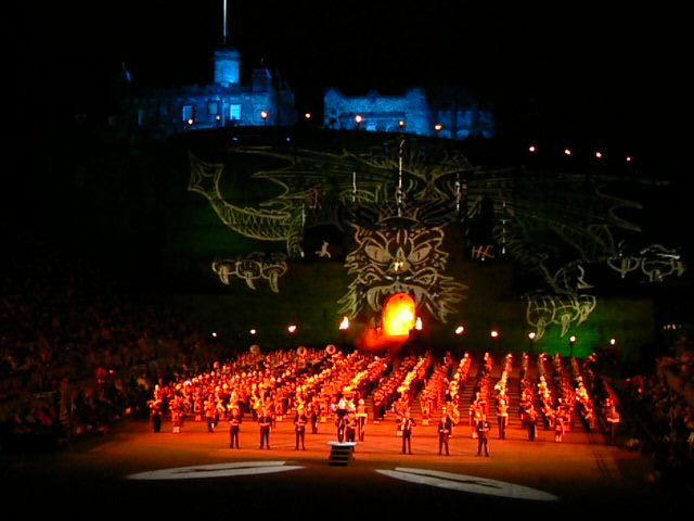 This was one of the final acts with many of the individual bands assembled. Note the light show on the castle walls behind the performers. This was a constant feature of the show.